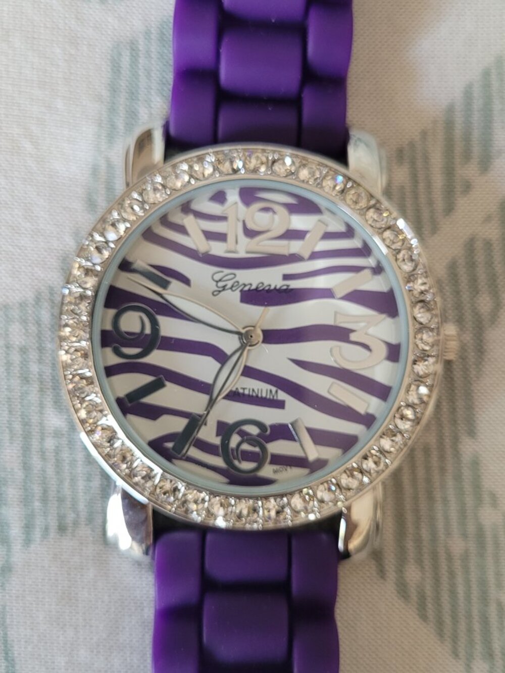 Geneva Platinum No. 7817 Stainless Steel Back Silicone Watch Band Zebra Print